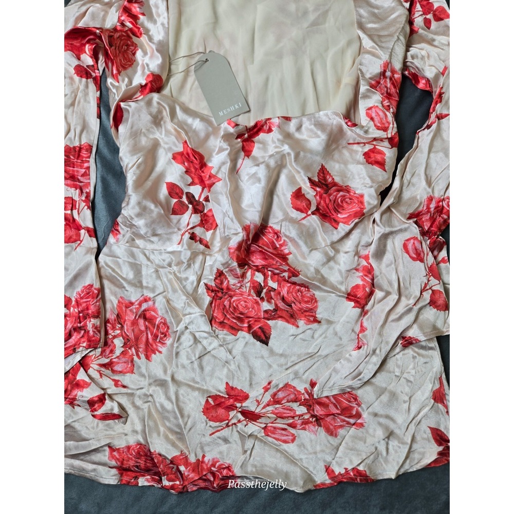 Meshki Women Dress Large Davina Satin Long Sleeve Mini Rose Print Ivory Red - Picture 6 of 12